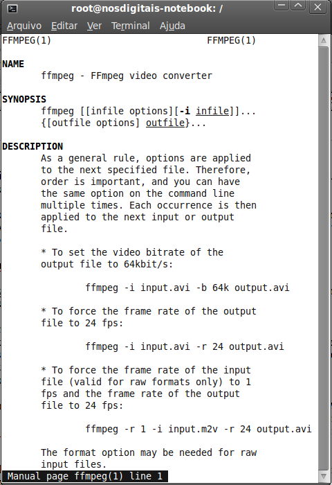 Imagem do comando man ffmpeg no terminal.